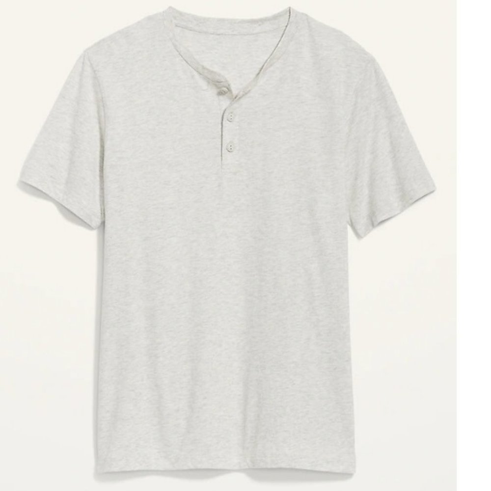 Short-Sleeve Henley T-Shirt:  Rib-knit Crewneck.  (3) Button.  New